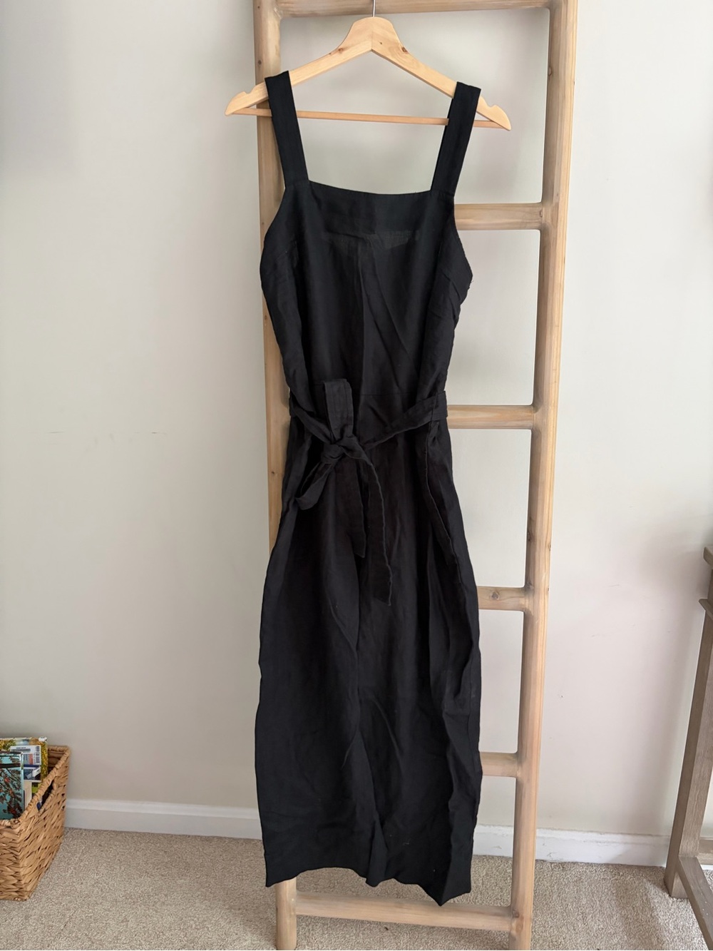 Everlane Black Linen Square-Neck Jumpsuit with Waist Tie